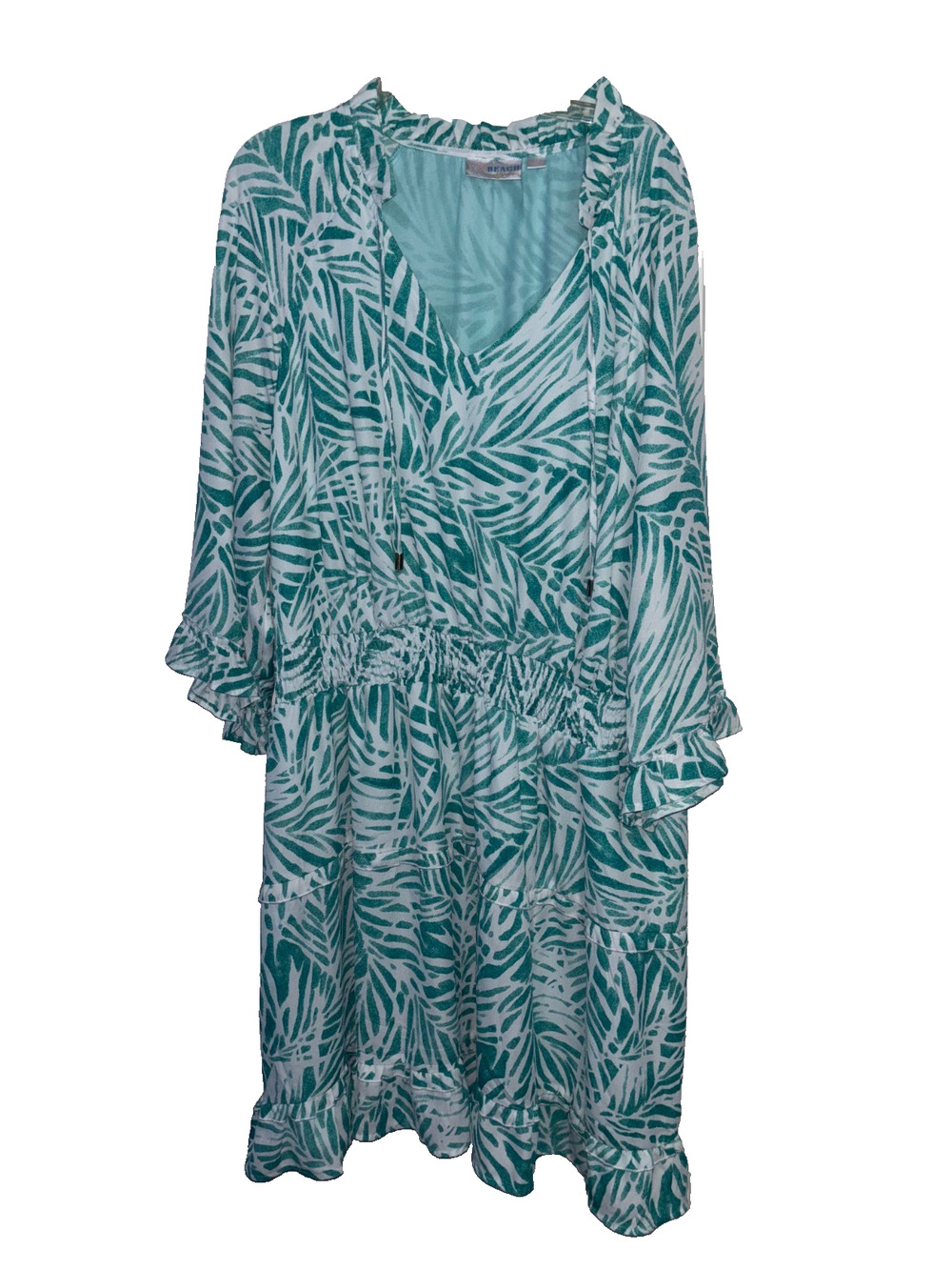 Belle Beach by Kim Gravel Green Palm Tiered Dress Women's Plus Size 3X EUC